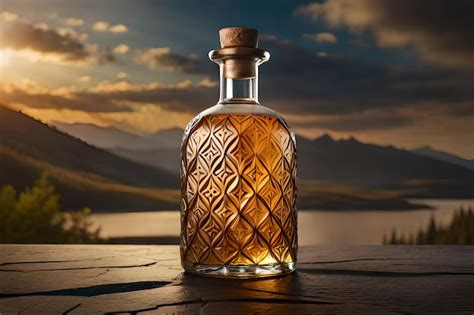 Premium AI Image | A bottle of alcohol with a background of mountains in the background.