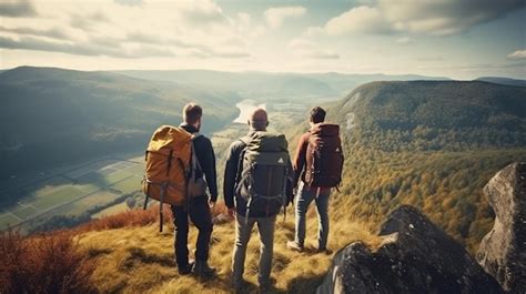 Premium AI Image | group of people hiking on mountain top adventure and ...