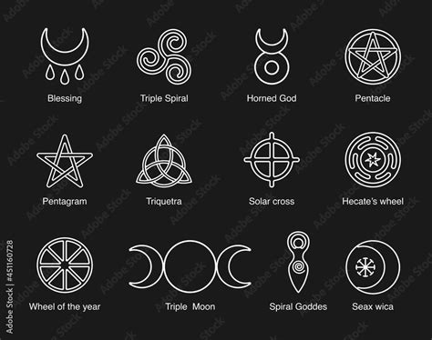 Wiccan and pagan symbols pentagram, triple moon, horned god, triskelion, solar cross, spiral ...