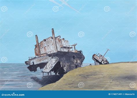 Broken Ship on the Seashore. Oil Painting Stock Illustration - Illustration of ship, broken ...