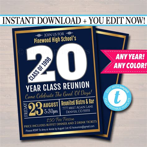 Reunion Invitation Template - Any Year! Any School Colors! College, High School Reunion Faux ...