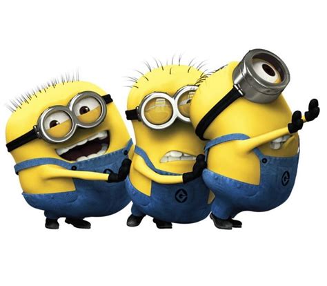 three cartoon minion characters in blue overalls