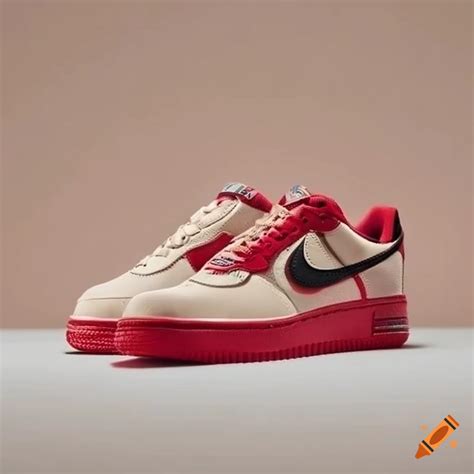 Beige, red and black nike air force shoes