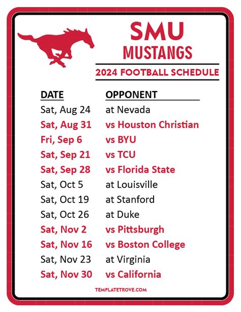 Printable 2024 SMU Mustangs Football Schedule