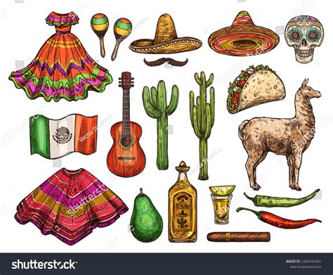 Mexican Culture Sketch Symbols Cinco De Stock Vector (Royalty Free ...