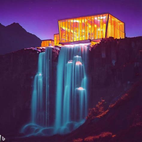 Premium AI Image | Modern glass house built on top of a waterfall with lights and surrounded by ...