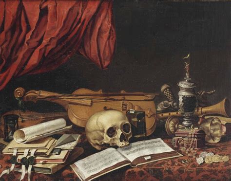 a still life with musical instruments, skull and other items on a cloth ...