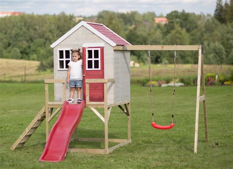 Robin Wooden Playhouse with Single Swing & Slide - Hennessy Outdoors