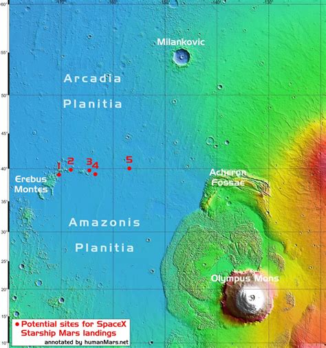 Potential sites for SpaceX Starship Mars landing (updated) Spacex Starship, Nasa Spacex ...