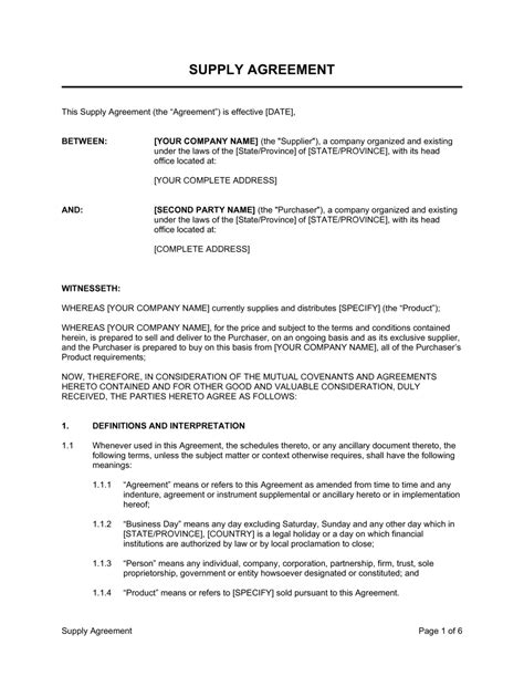 Supply Chain Agreement Template