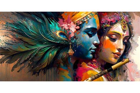 radha krishna painting with peacock feather and krishna flute