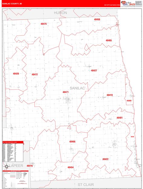 Sanilac County, MI Zip Code Wall Map Red Line Style by MarketMAPS - MapSales