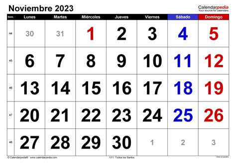 Calendario noviembre 2023 en Word, Excel y PDF - Calendarpedia