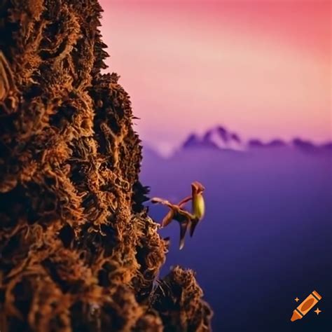 Person climbing over cannabis buds like mountains on Craiyon