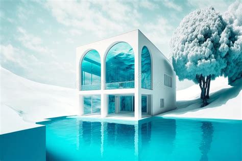 Snow-white House with Floor-to-ceiling Windows and Pool with Blue Water ...
