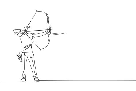 One single line drawing of young archer man focus exercising archery to hit the target vector ...