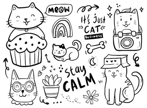 Premium Vector | Cat doodle drawing collection with card box