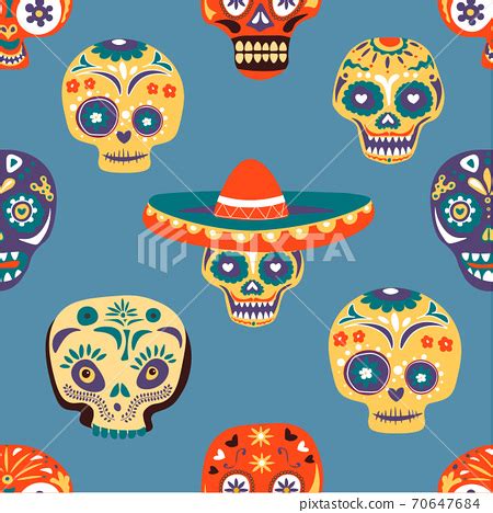Dia de los muertos, skulls seamless pattern vector - Stock Illustration [70647684] - PIXTA