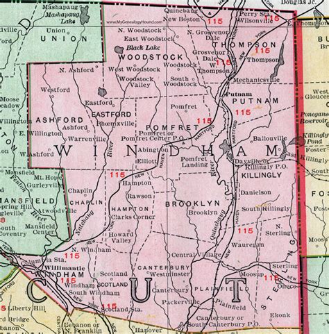 Windham County, Connecticut, 1911, Map, Rand McNally, Willimantic, Putnam, Danielson