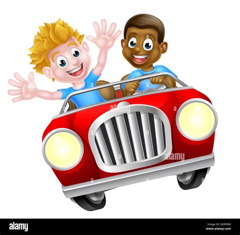 Cartoon boys driving fast in a car on a road trip Stock Photo ...