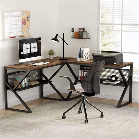 L Shaped Computer Desk With Open Storage Shelves Two Person Large ...