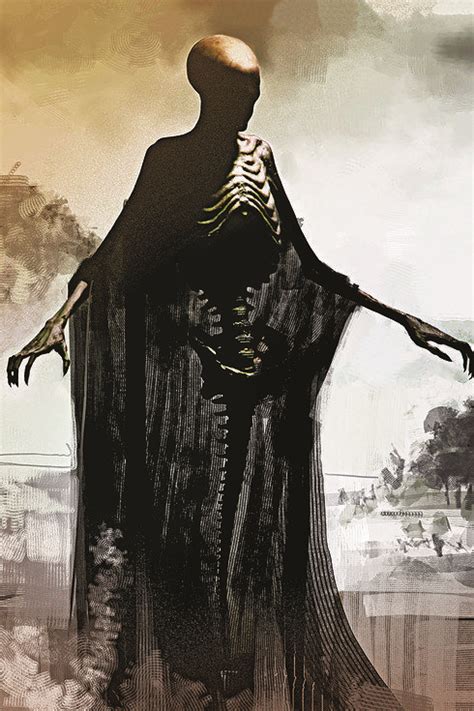 a skeleton dressed in black standing next to a tree