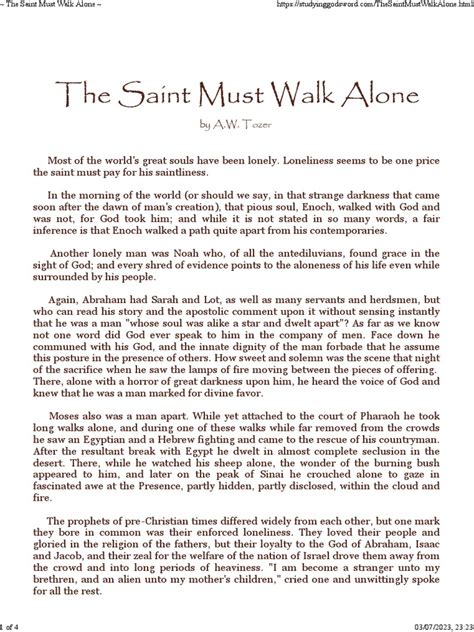 AW Tozer The Saint Must Walk Alone | Download Free PDF | Jesus | Loneliness