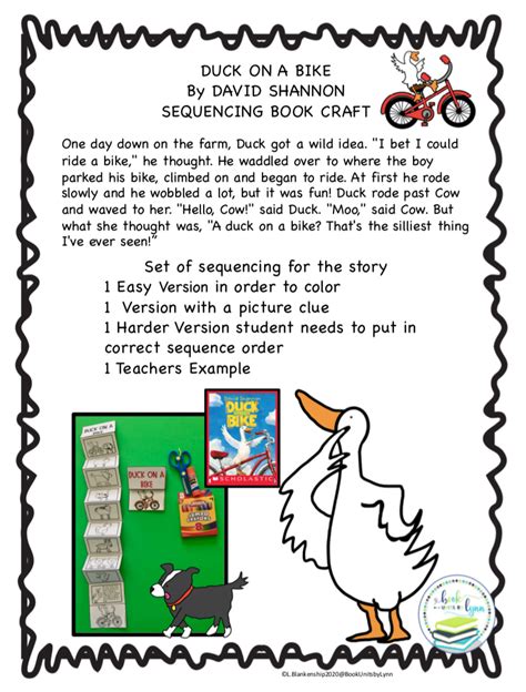 DUCK ON A BIKE BOOK SEQUENCING CRAFT ~ Book Units by Lynn