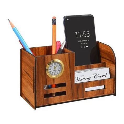 Deskart Brown Wooden MDF Pen Stand With Clock, Visiting Card & Mobile ...