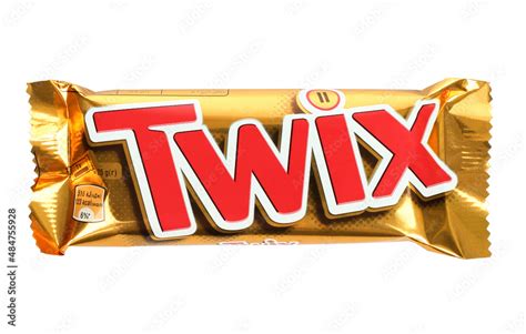 Twix chocolate bar on white background. Twix is a caramel shortbread chocolate bar made by Mars ...