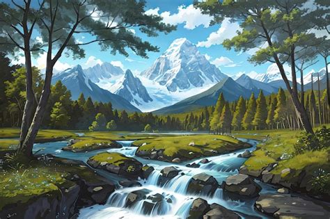 Premium AI Image | A painting of a mountain stream with a mountain in ...