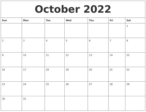 October 2022 Calendar Month