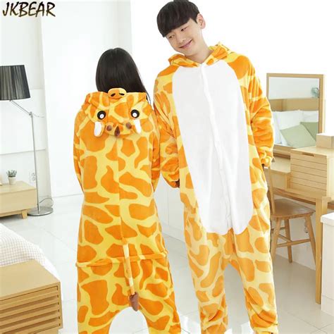 Cute Giraffe Flannel Onesies for Teenagers and Adults Funny Animal Costume Couples Matching ...