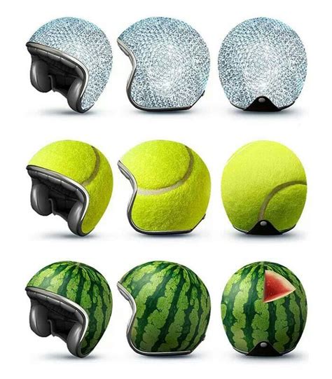 a watermelon helmet and tennis balls are arranged in the shape of ...