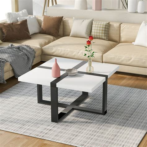 Modern Coffee Table with Crossed-Shape Metal Frame, Square Coffee Table ...