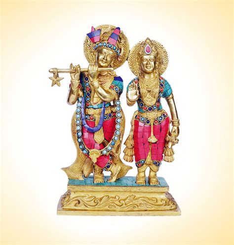 Stone Studded Radha Krishna Brass Statue - DevotionalStore