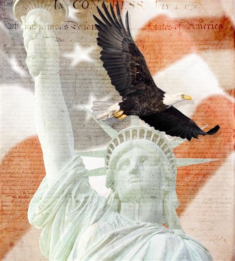 American Flag, flying bald Eagle,statue of liberty and Constitution ...