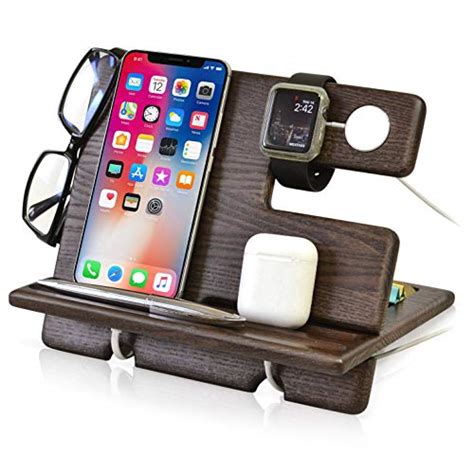 TESLYAR Wood Phone Docking Station Ash Key Holder Wallet Stand Watch ...