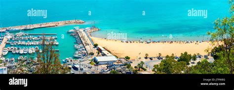 Panoramic view of waterfront with marina and beach in Sidi Bou Said. Tunisia, North Africa Stock ...