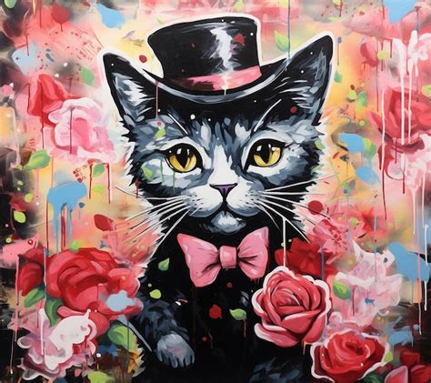 Premium AI Image | painting of a cat wearing a top hat and bow tie generative ai