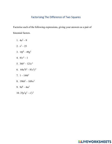 Factoring Difference Of Two Squares Worksheet - FactorWorksheets.com