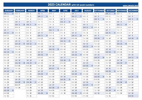 2023 calendar with week numbers (US and ISO week numbers)