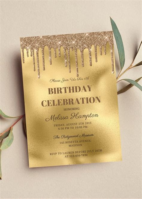 Editable Gold Birthday Celebration Invitation, Birthday Invitation, Gold Glitter Drip, Dripping ...