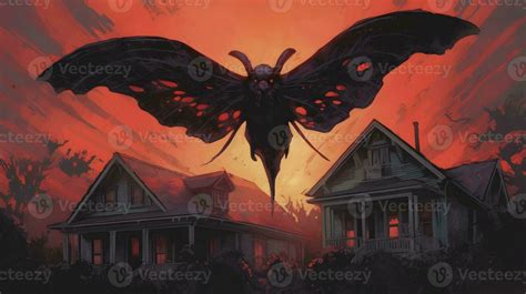 Mothman over the small American town. Illustration based on the urban ...