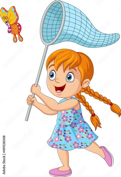 Cartoon little girl catching a butterfly Stock Vector | Adobe Stock