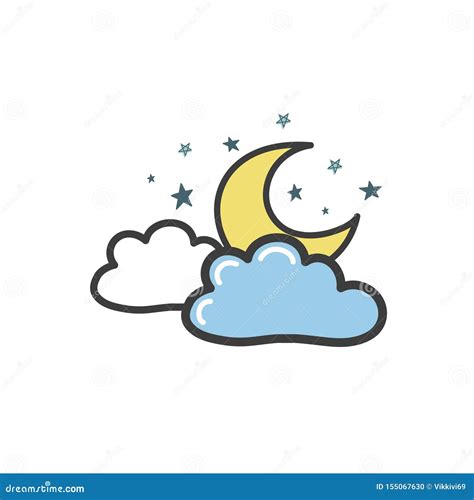 Drawing of a Yellow Moon with Clouds and Stars. Vector Illustration in ...