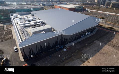 Aerial Rooftop views of Cardiff's Vindico Arena and Cardiff International Pool and Gym Stock ...