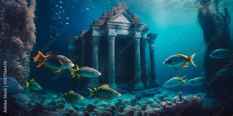 Ruins of Ancient city of Atlantis underwater of mythology. Generation ...