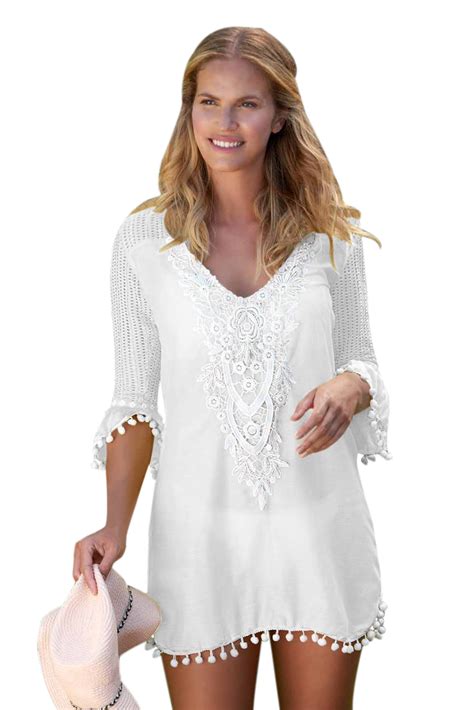 White Crochet Pom Pom Trim Beach Tunic Cover up - STYLESIMO.com