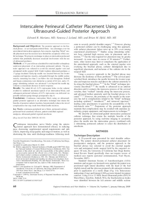 (PDF) Interscalene Perineural Catheter Placement Using an Ultrasound-Guided Posterior Approach ...